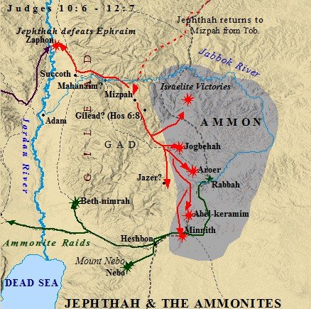 Jephthah crossed the Jordan and scored multiple victories in Ammon.