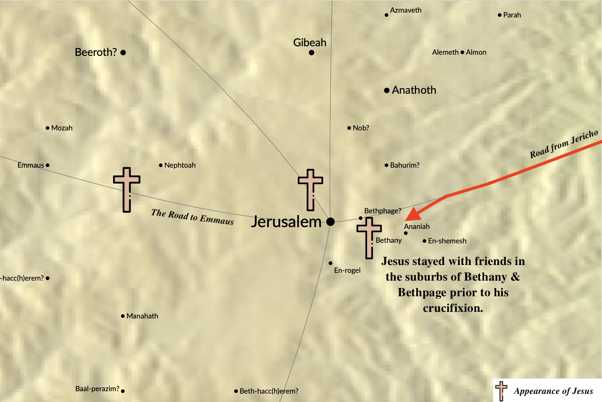 A map of the appearances of the resurrected Jesus in Jerusalem following his crucifixion.