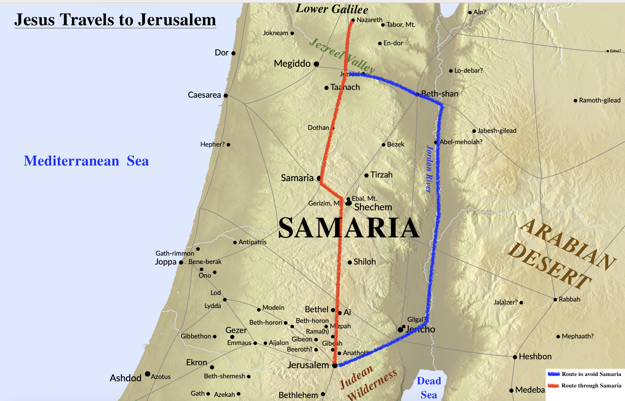 The route Jesus would have taken traveling to Jerusalem from Nazareth. 