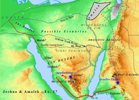 A map of the battle between Amalek & Israel while Israel wandered in the wilderness under Moses.