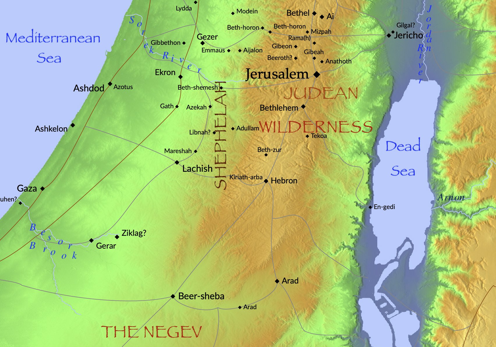 A map of Jerusalem and the surrounding cities and region.
