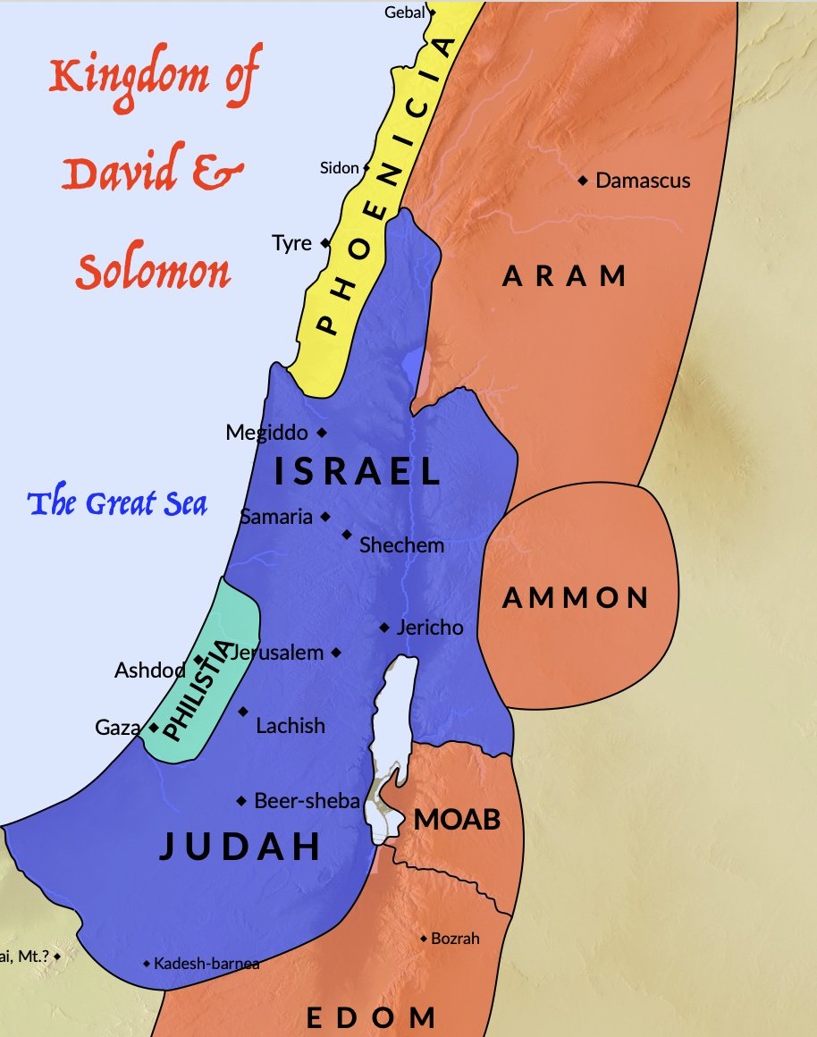A map of the kingdom of Israel under David and Solomon.