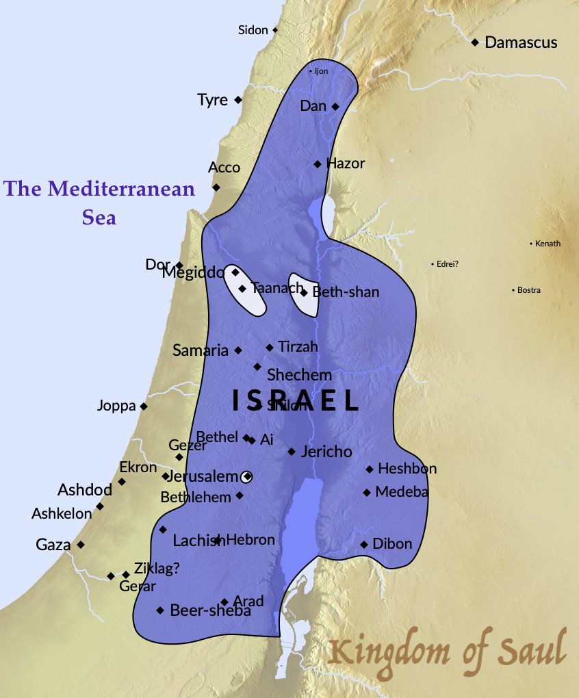 A map of the kingdom of Israel under king Saul from the tribe of Benjamin.