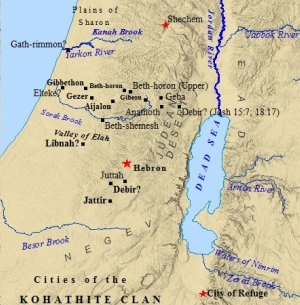 A map of the Kohathite clan within the tribe of Levi cities.