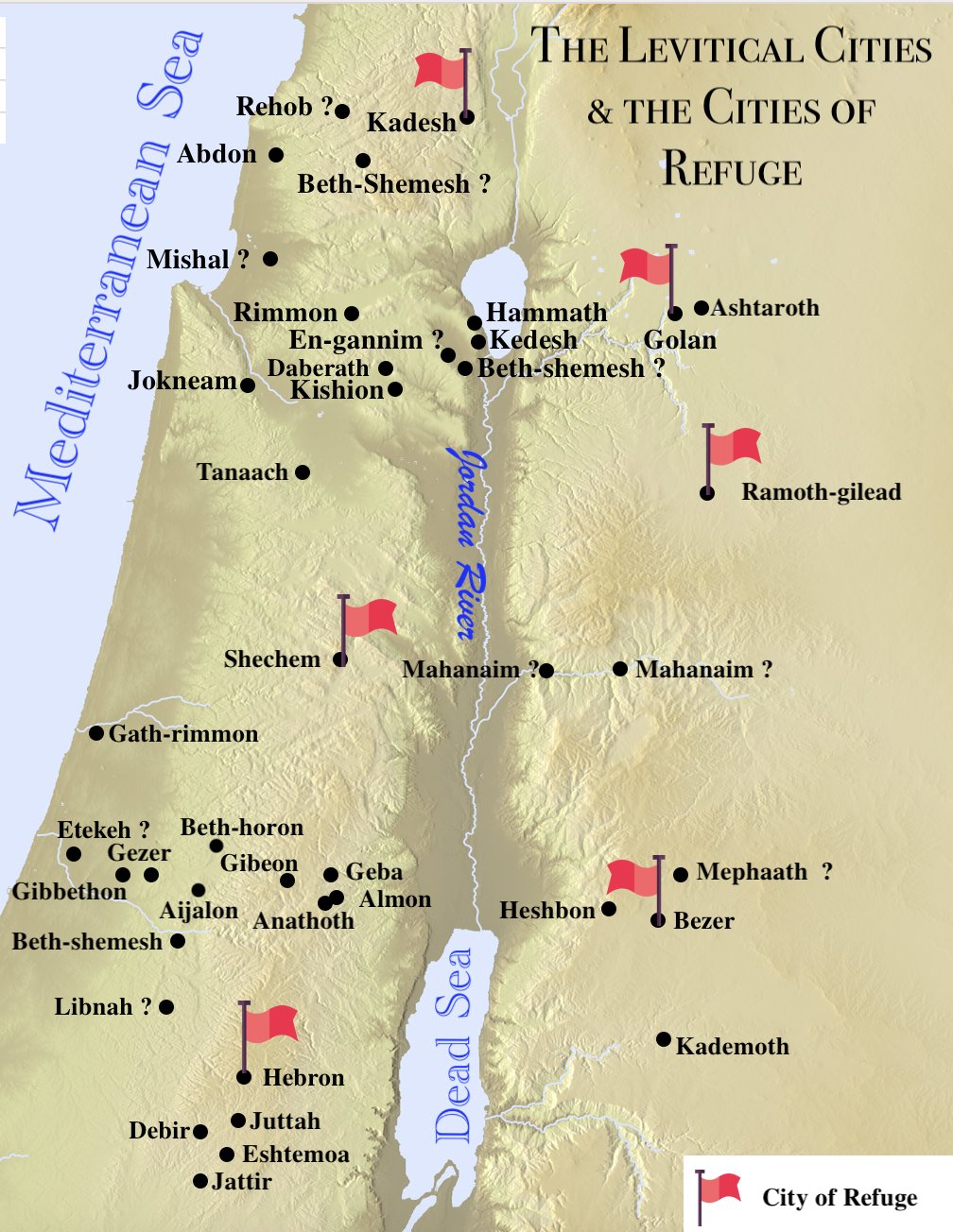 A map of the Levitical cities as listed in the Old Testament. 