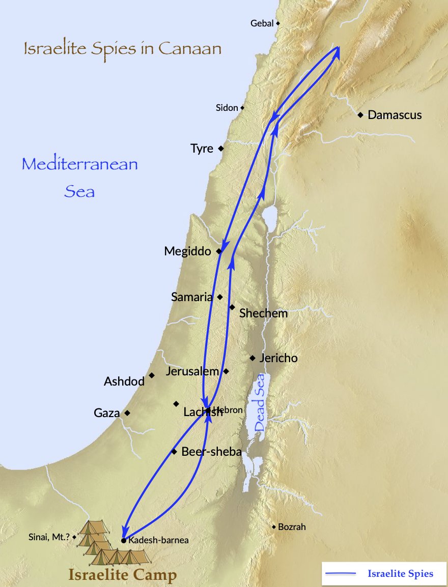 A map of the spies sent out by Moses to scout the land of Canaan.