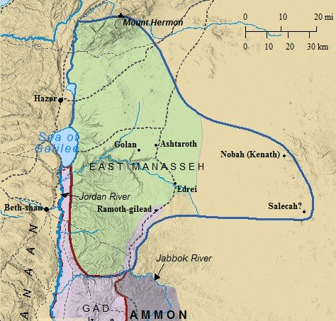 A map of the Transjordan - the land east of the Jordan River & occupied  by three of Israel's tribes.