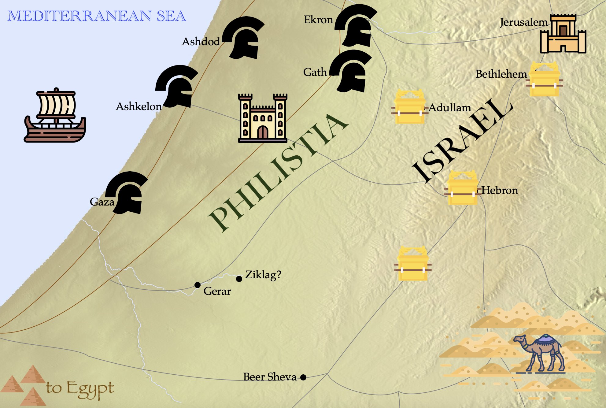 A map of the Philistine Pentapolis and the borders of the tribe of Judah (Israel).