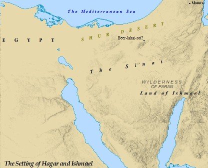 The Biblical setting of Hagar and Ishmael's journey to Egypt.