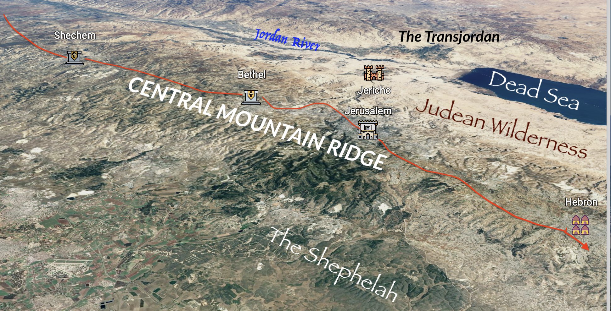 Shechem sat astride the Central Mountain Ridge with Bethel, Ai, Shiloh and Jerusalem to the south.