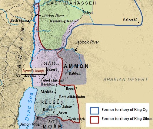 Tribal boundaries of the Trans-Jordanian tribes of Israel. These included the tribes of Reuben, East Manasseh & Gad.