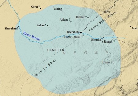 A map of the cities within the tribe of Simeon.