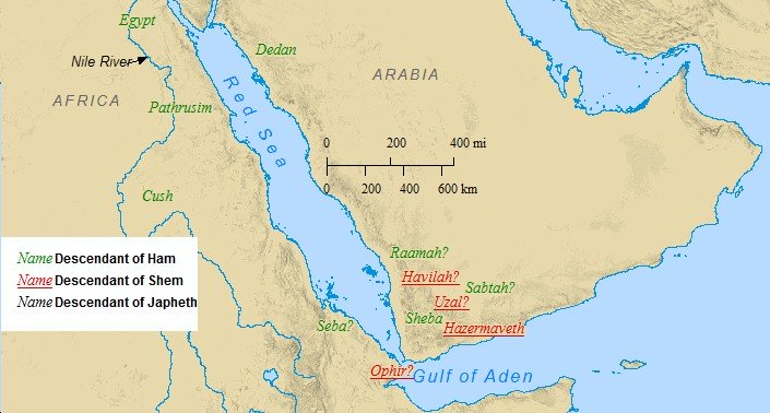 A map of the sons of Noah settlement in Arabia & Africa.