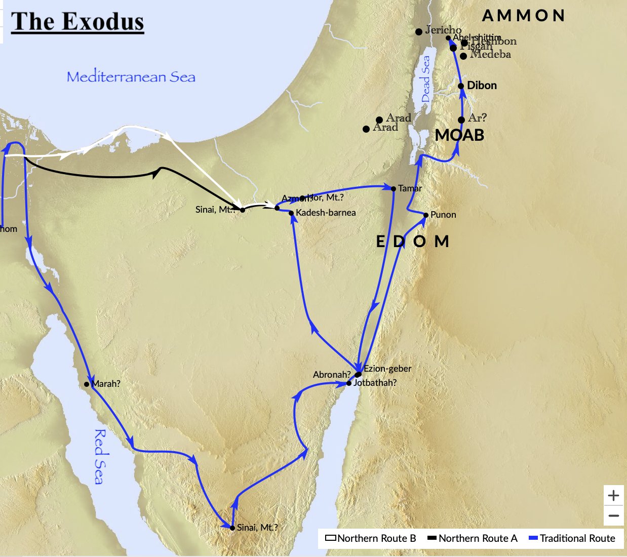 A map of the Israelite Exodus out of Egypt under Moses.