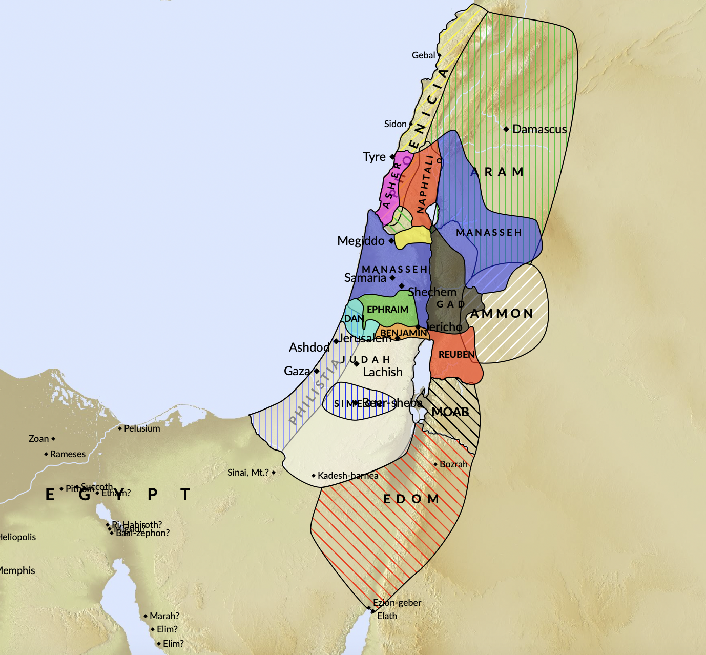 Map of the tribal boundaries of the 12 Tribes of Israel.