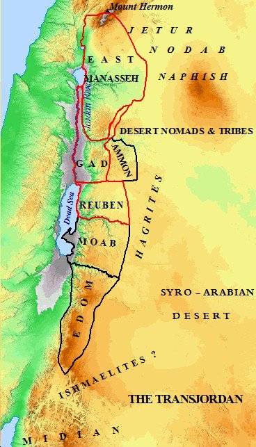 A map of the Transjordan nations including the East Half Tribe of Manasseh.