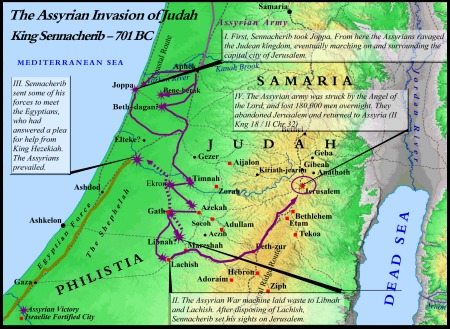 A map detailing the Assyrian invasion of Israel & Judah.