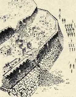 An artist's drawing of the walls of Jericho crumbling before Israel.
