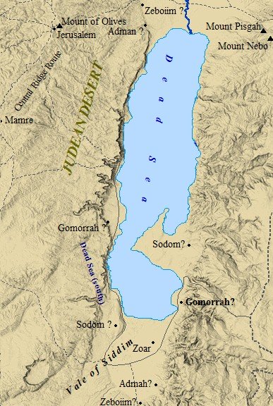 A map of the possible locations of Sodom and Gomorrah around the Dead Sea.